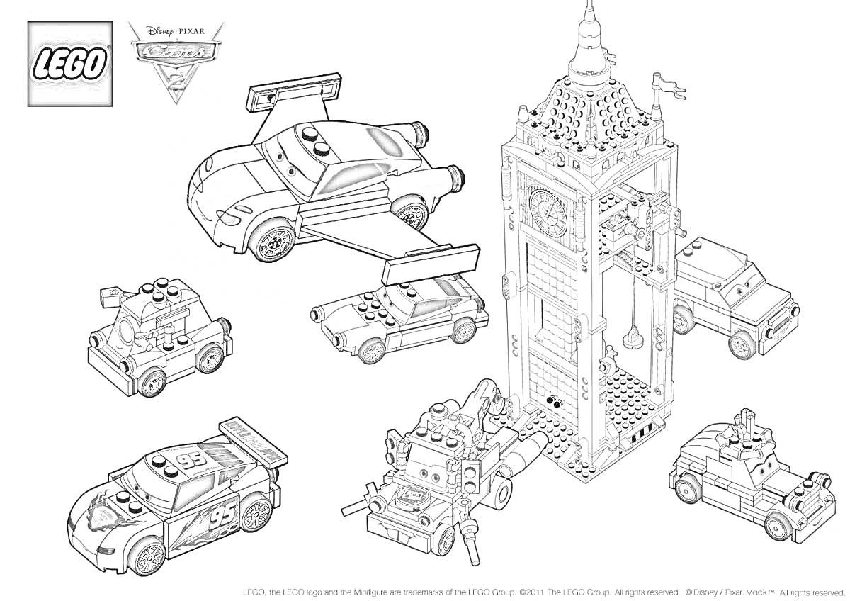 Раскраска Лего машинки вокруг высокой башни с часами и флагами