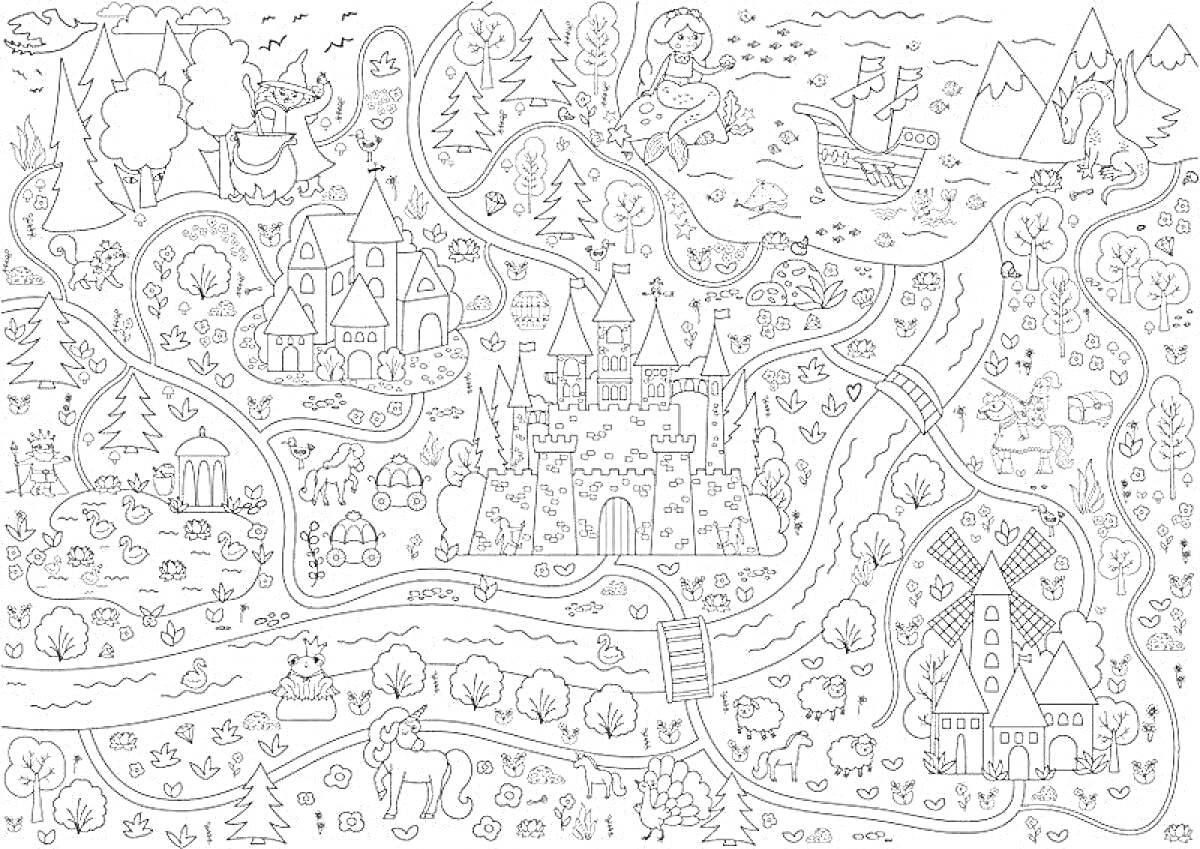 На раскраске изображено: Замок, Деревья, Животные, Мельница, Лодка, Озеро, Природа, Лес, Здания, Река, Фэнтези