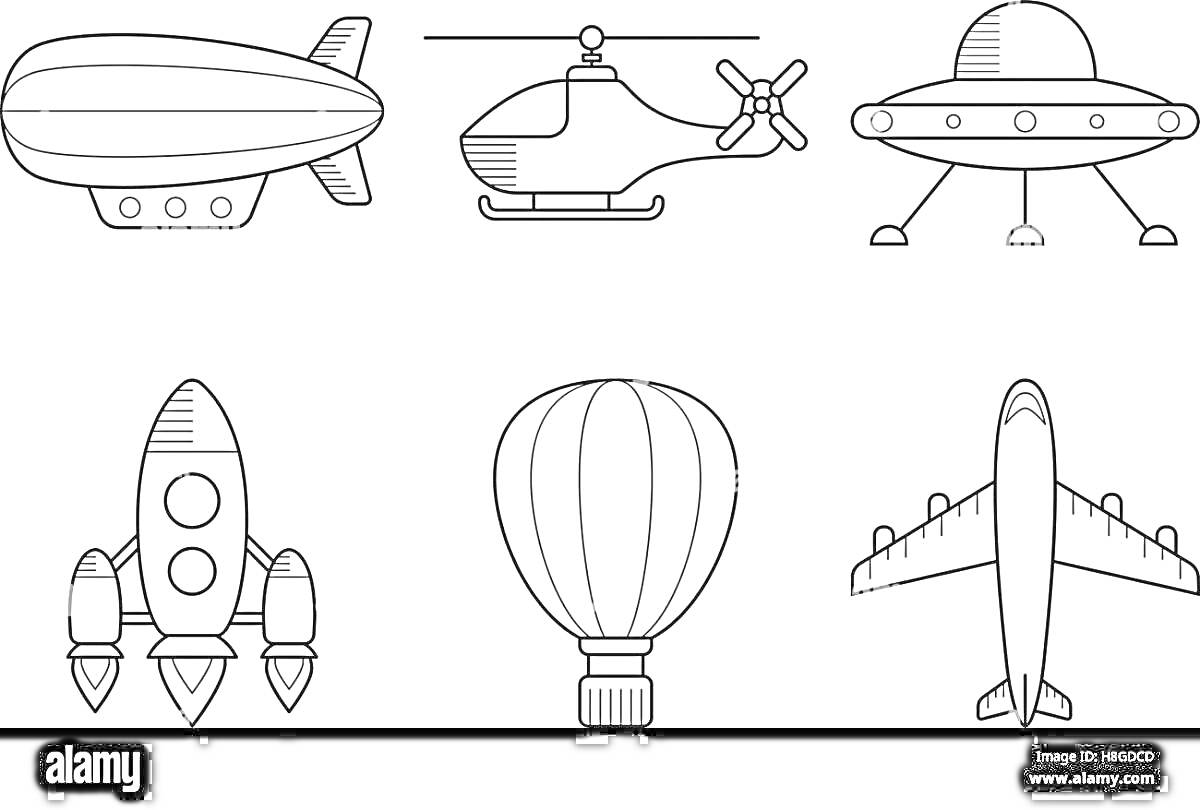 На раскраске изображено: Дирижабль, Вертолет, НЛО, Ракета, Воздушный транспорт, Транспорт, Авиация
