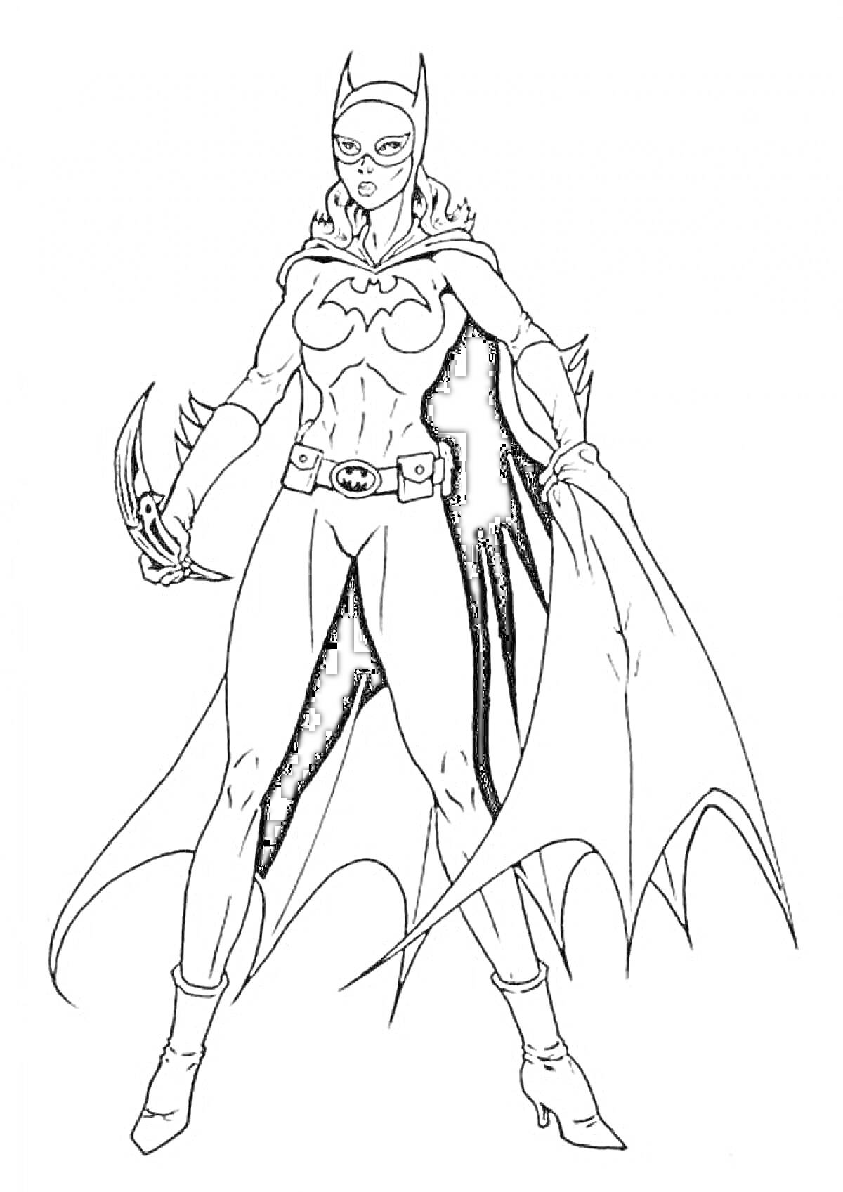 Раскраска Женщина в костюме супергероя с ушками на маске, стоящая в полный рост, в плаще, с боевым оборудованием в руке