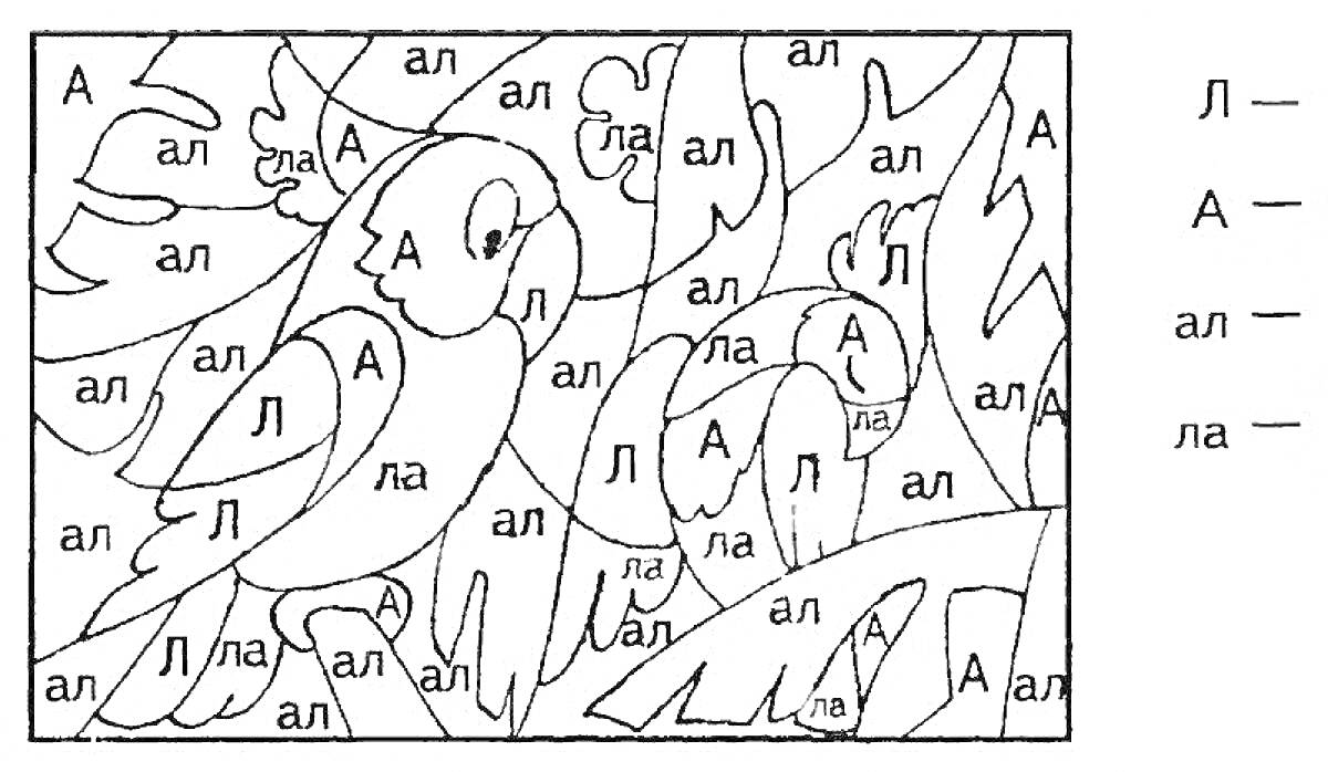 Раскраска Разукрашка с попугаями на фоне листьев, с буквами и слогами Л, А, ал, ла для раскрашивания