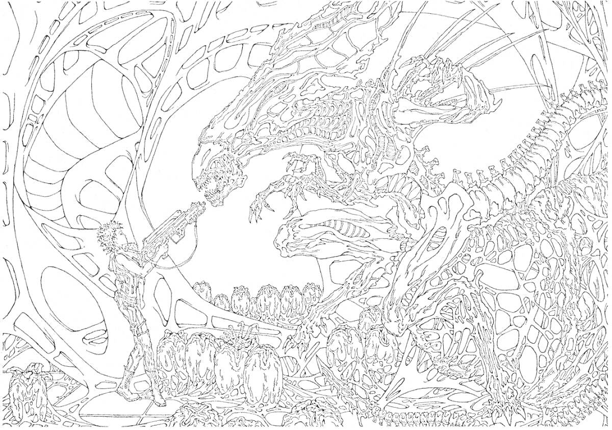 Раскраска Человек с винтовкой против гигантского монстра в сложной архитектуре