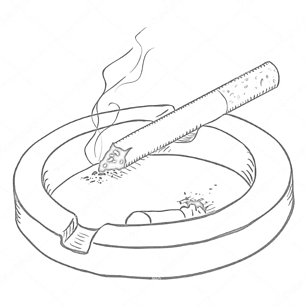 Раскраска Пепельница с дымящейся сигаретой и окурком
