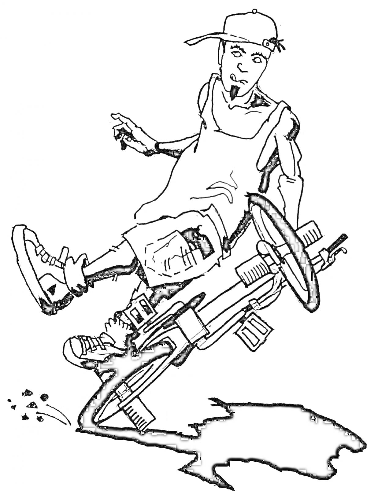 На раскраске изображено: BMX, Велосипед, Трюк, Молодой человек, Шорты, Спорт