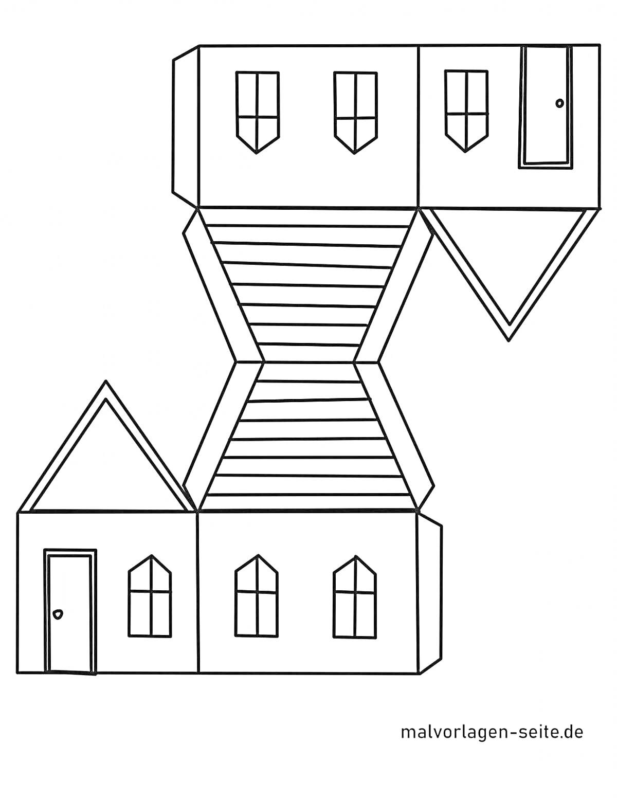 На раскраске изображено: Бумажный домик, Два этажа, Лестница, Дверь, Строительство