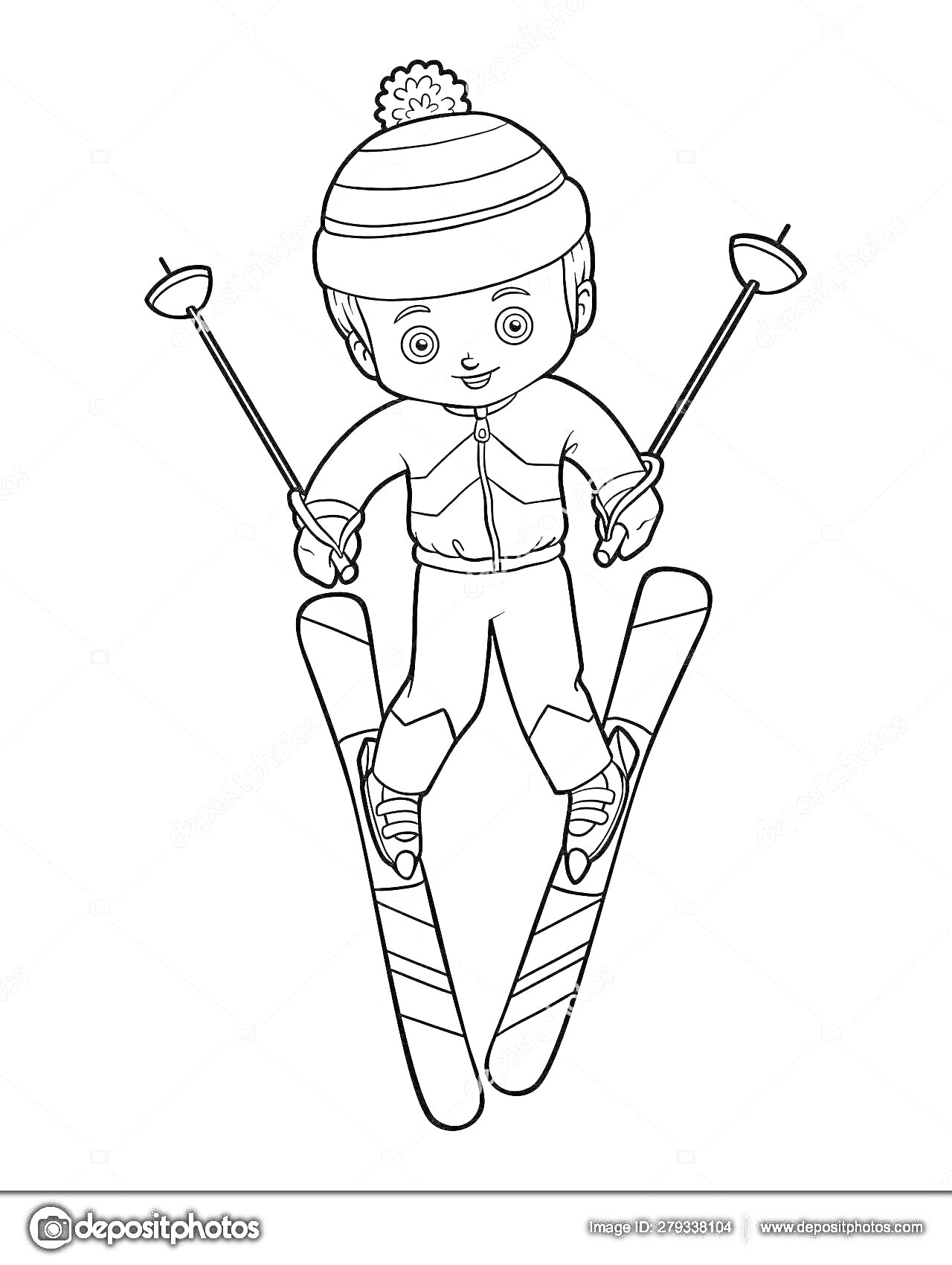 На раскраске изображено: Мальчик, Лыжи, Лыжные палки, Зимняя шапка, Одежда для зимы, Спорт, Зима