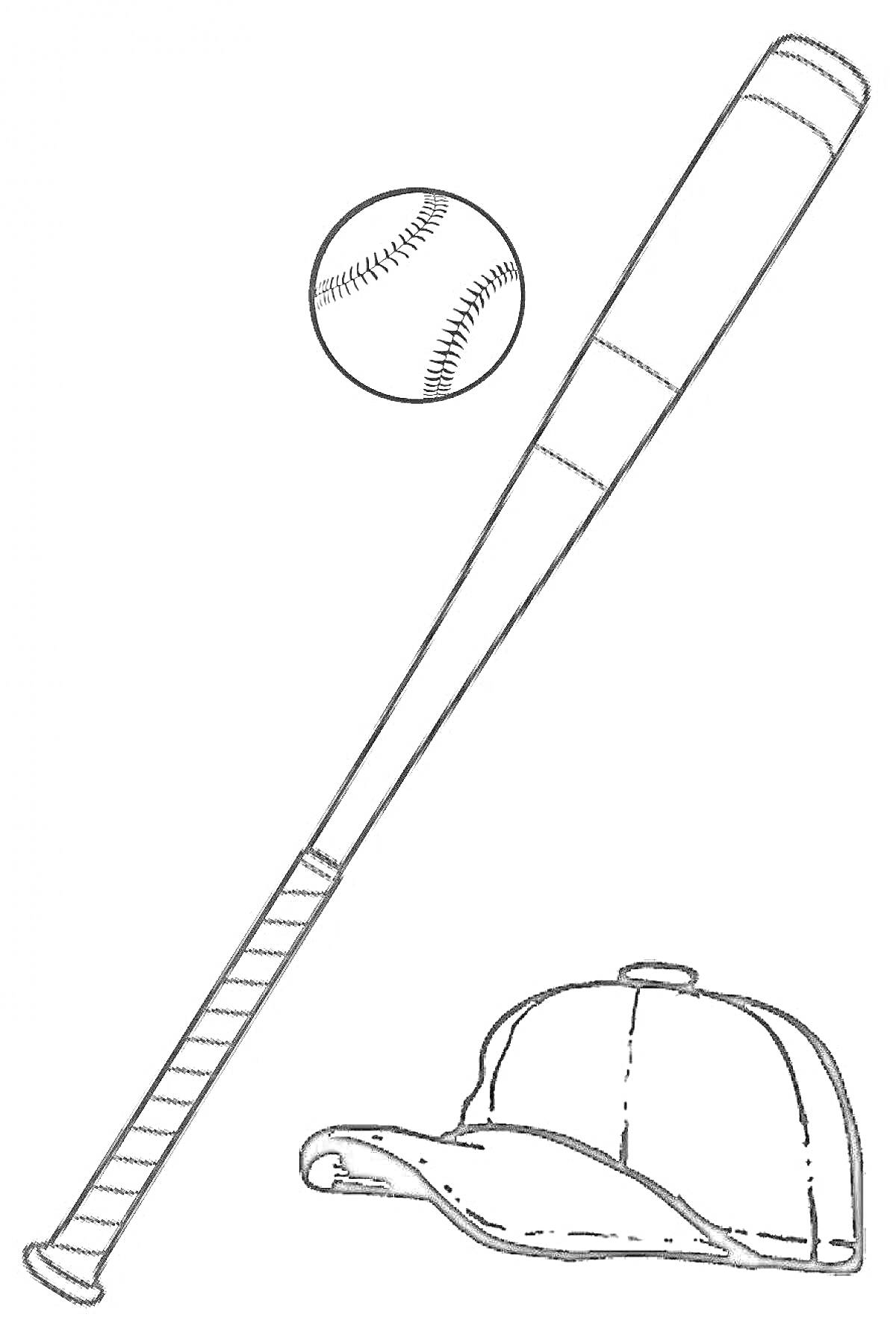 Раскраска Бейсбольная бита, мяч и кепка
