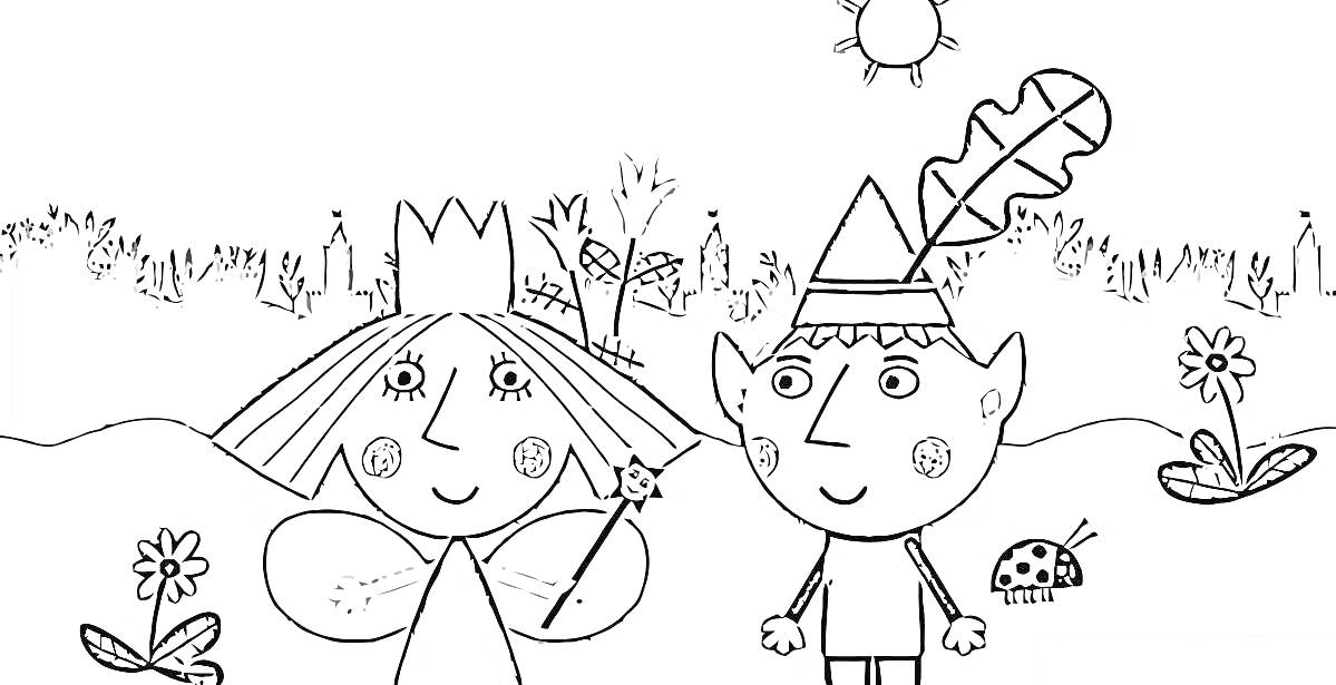 Раскраска Бен и Холли на лугу с цветами, божьей коровкой и солнцем