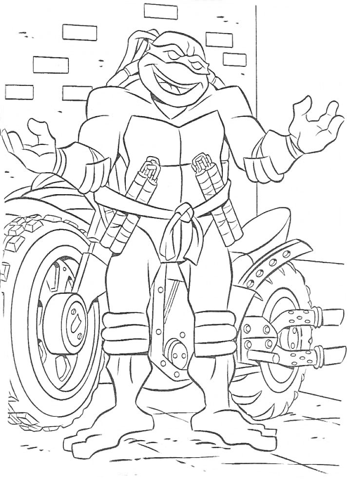 Черепашка-ниндзя Микеланджело с мотоциклом на фоне стены