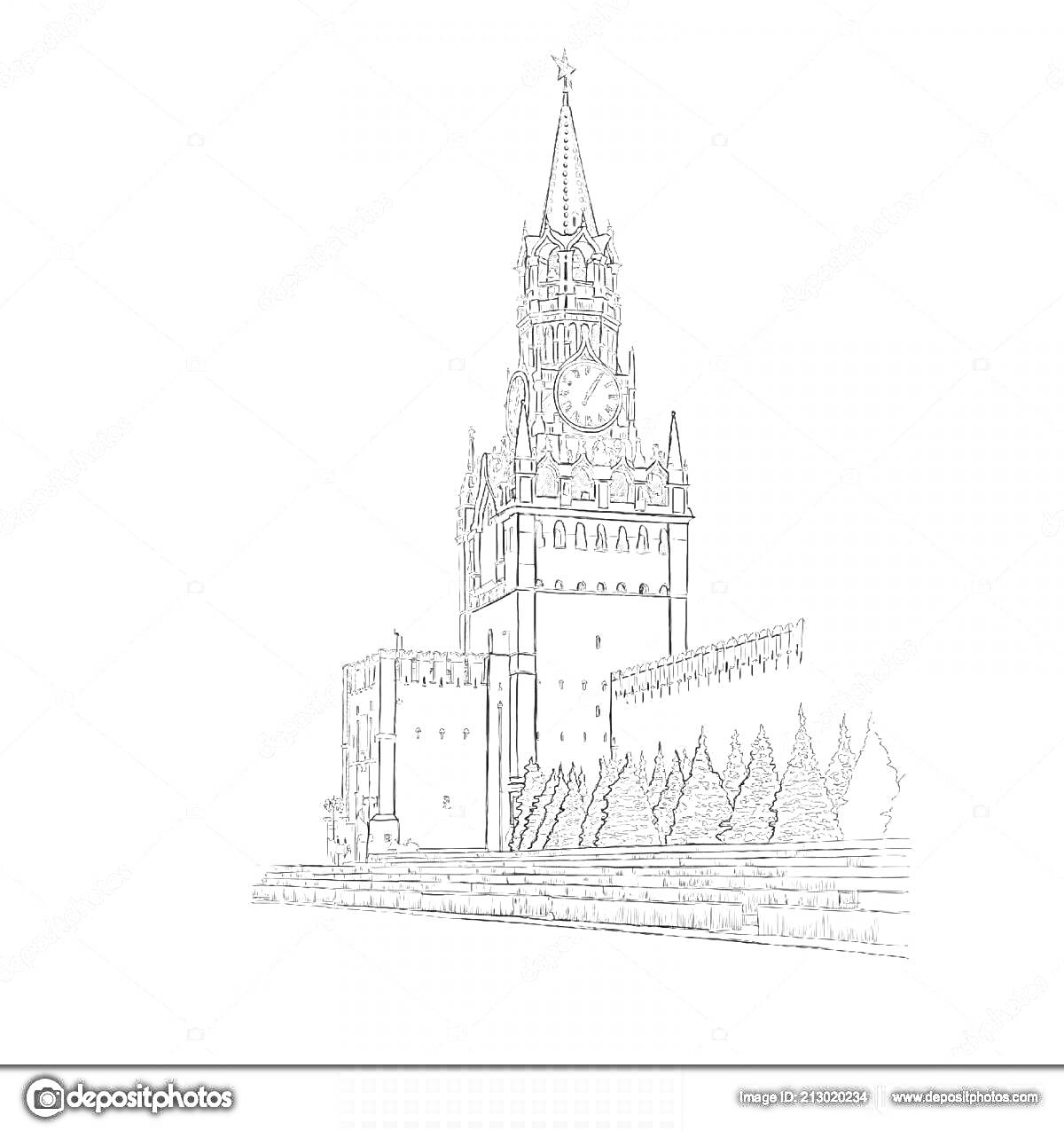 На раскраске изображено: Спасская башня, Москва, Кремль, Часы, Деревья, Архитектура