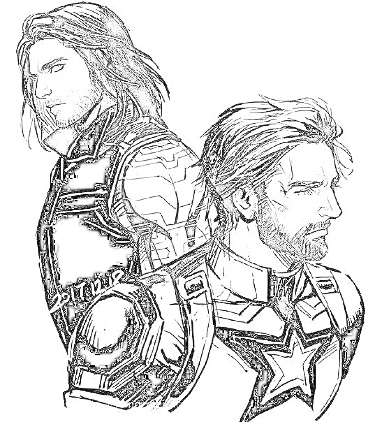 Раскраска Два мужчины в супергеройских костюмах со звездами на груди, один из которых с длинными волосами и металлической рукой, а другой с короткими волосами и бородой.