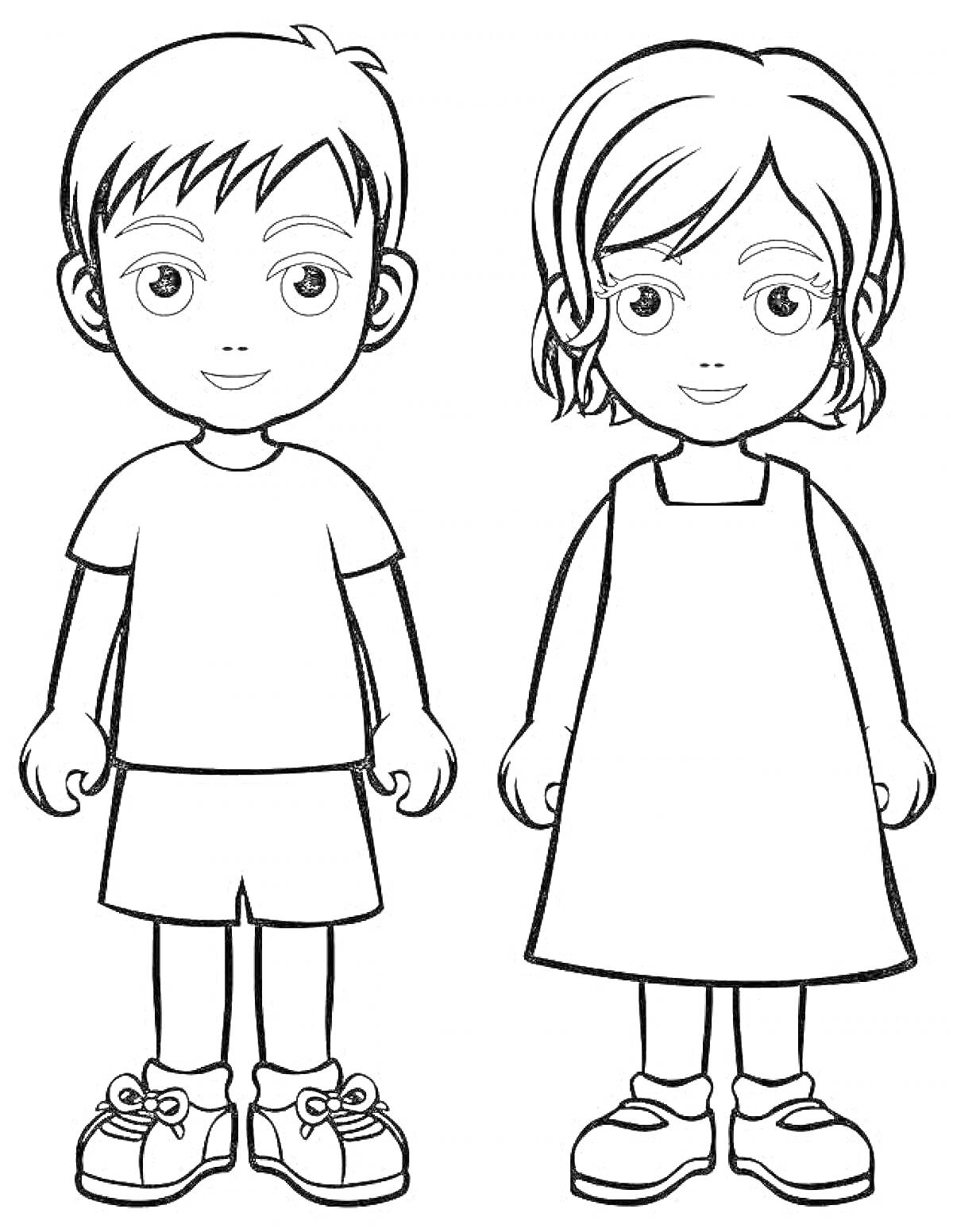 Раскраска Девочка в платье и мальчик в шортах и футболке