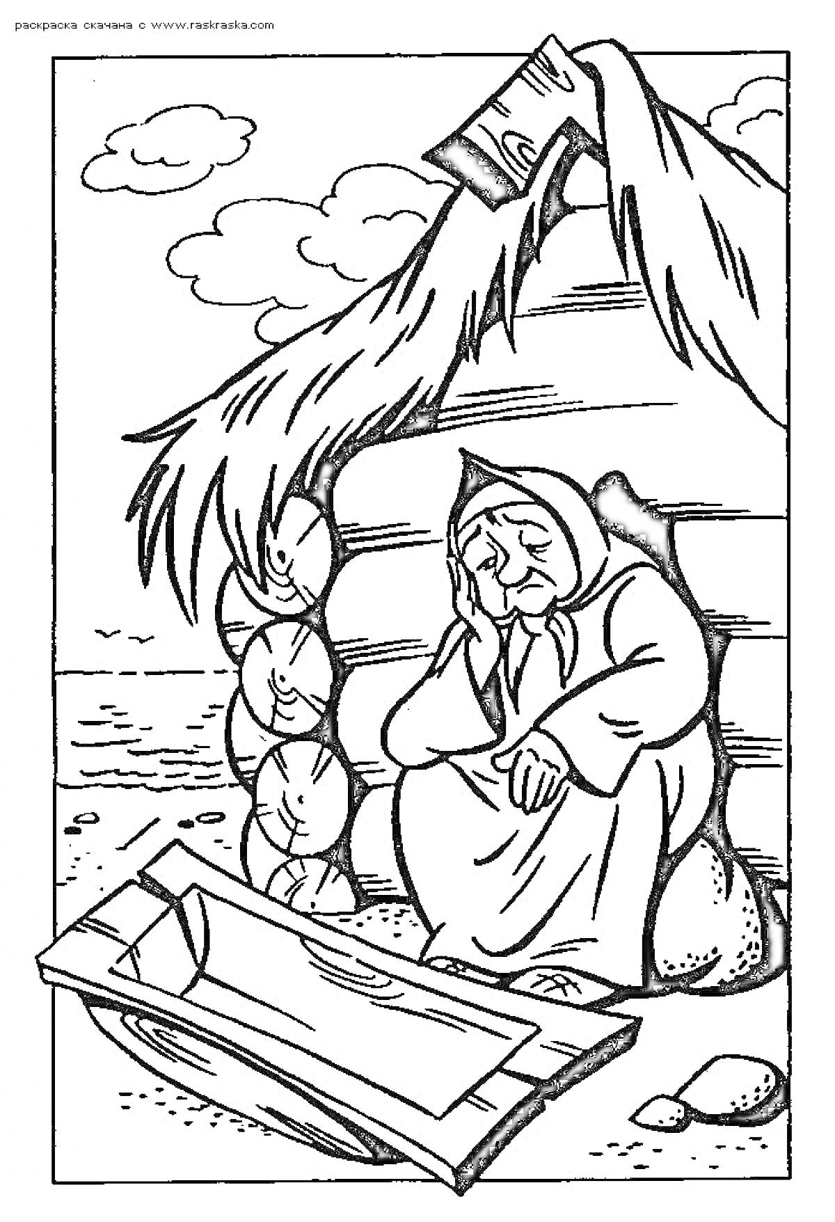 Раскраска Старая женщина сидит перед ветхой хижиной у моря