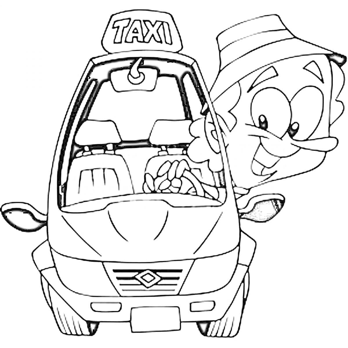На раскраске изображено: Такси, Водитель, Авто, Герои мультфильмов