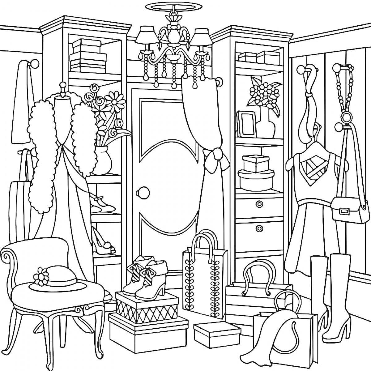 Раскраска Гардеробная комната с манекеном, креслом, обувью, сумками и одеждой