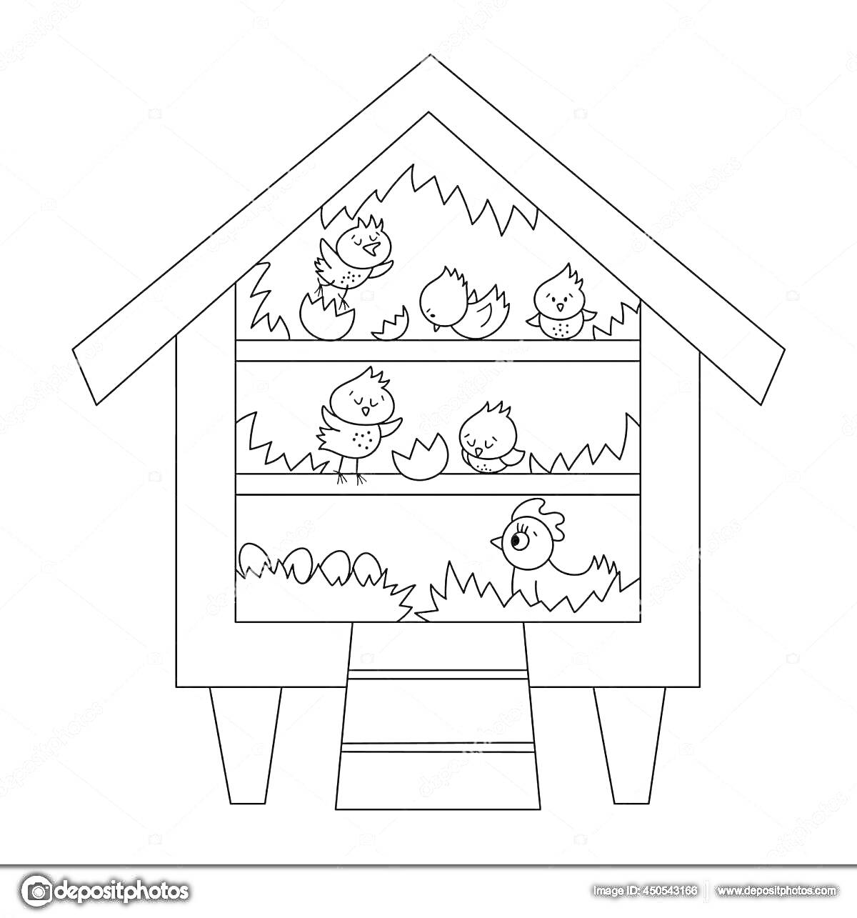 На раскраске изображено: Курятник, Цыплята, Яйца, Сельское хозяйство, Животные