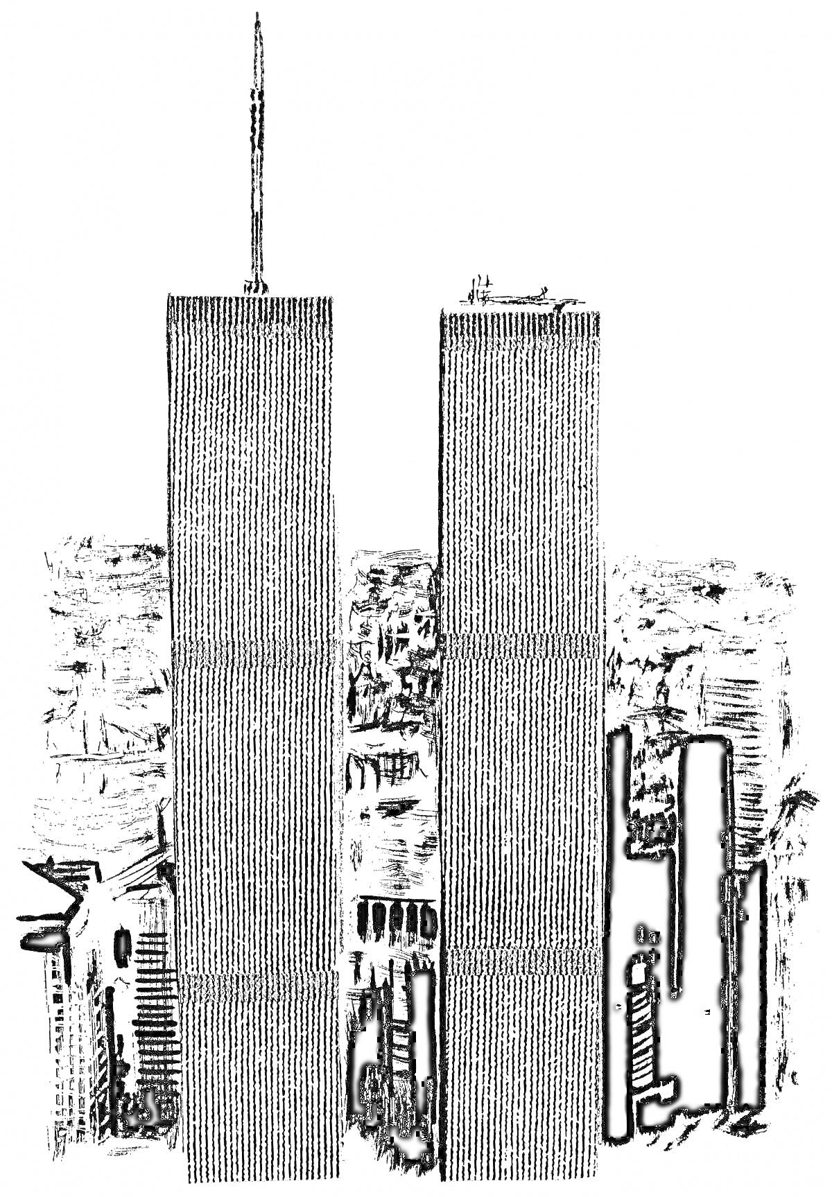 Раскраска Башни-близнецы на фоне городского пейзажа, с небоскребами и окружающей архитектурой