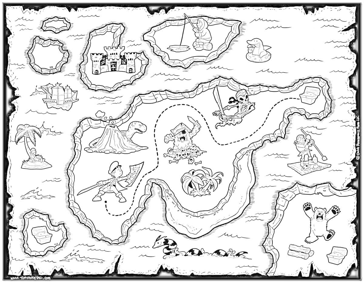 Раскраска Карта сокровищ с островами, замками, пиратами и крокодилами