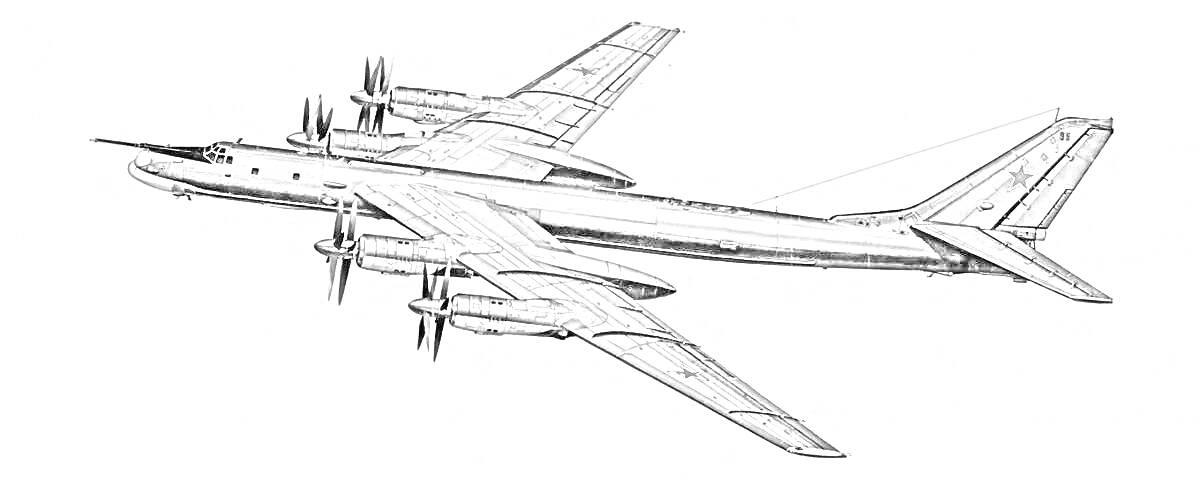 На раскраске изображено: Ту-95, Авиация, Крылья, Фюзеляж, Военная техника, Полет