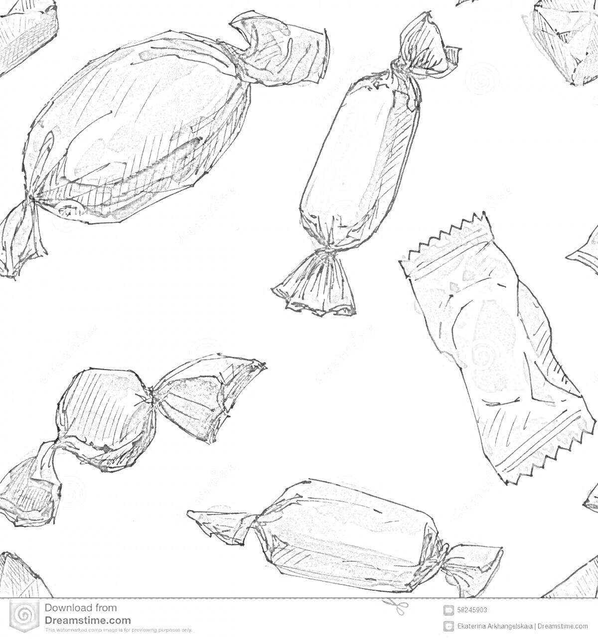 На раскраске изображено: Фантики, Конфеты, Упаковка, Сладости, Подушечки, Цилиндры