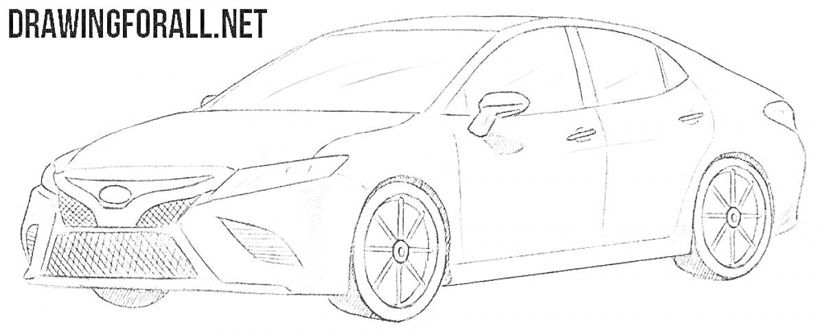 Раскраска контурный рисунок Toyota Camry, вид сбоку-с-переди, включая колеса, передние фары, боковые зеркала, и фирменную решетку радиатора