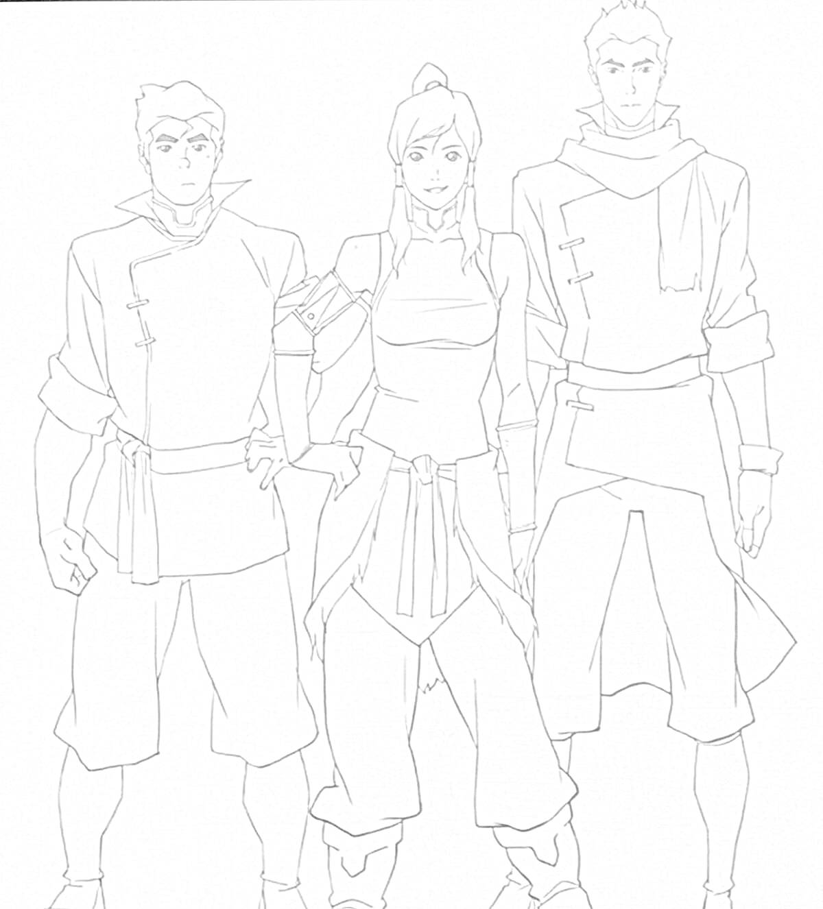 Раскраска Три стоящих персонажа в одежде из Амон Гас