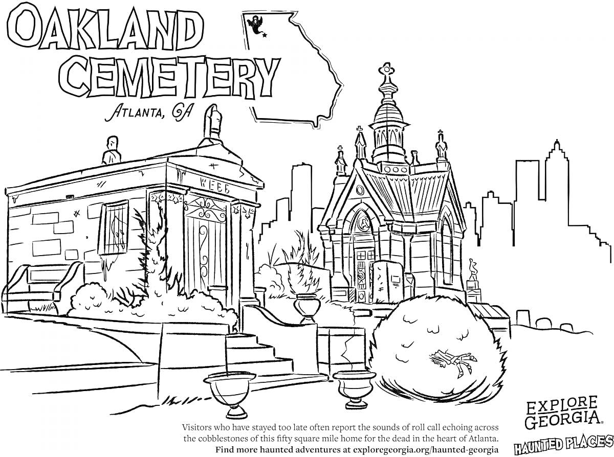 Раскраска Кладбище Окленд Атланта, Джорджия с мавзолеями, городским горизонтом и большим кустарником
