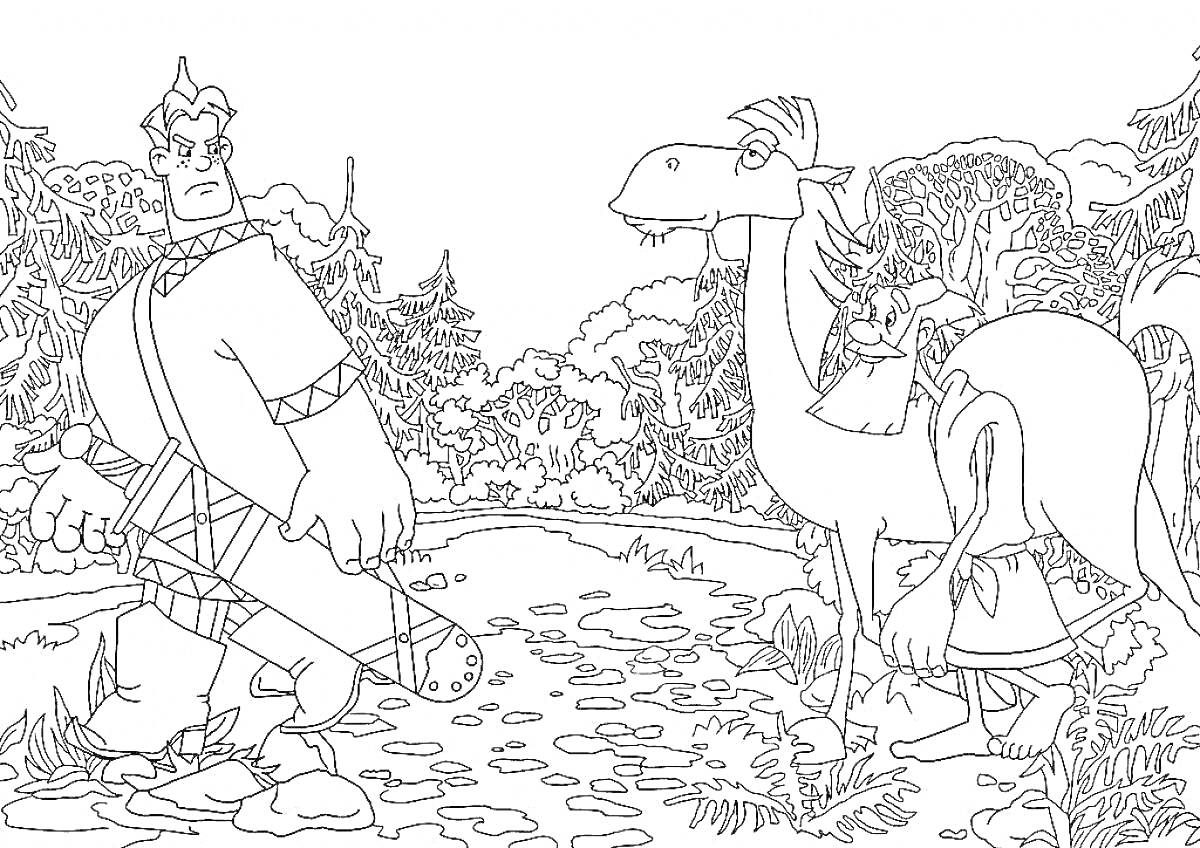 На раскраске изображено: Алёша Попович, Тугарин Змей, Верблюд, Лес, Природа, Деревья, Русский герой