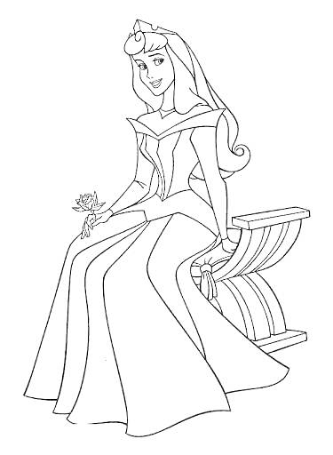Раскраска Принцесса Аврора с розой, сидящая на скамье