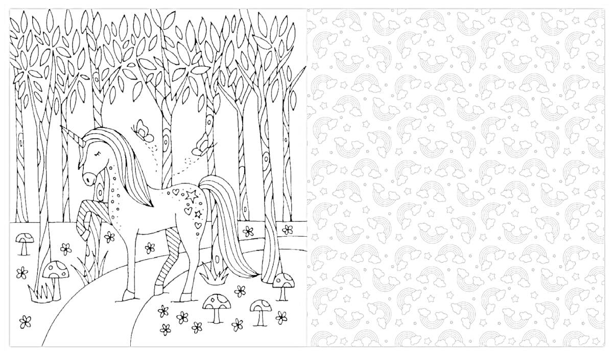Раскраска Единорог в лесу с деревьями, бабочками, цветами и грибами