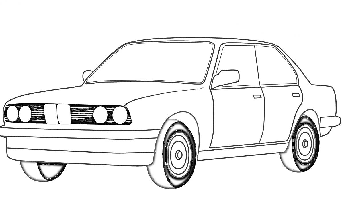 Раскраска Черно-белая раскраска автомобиля BMW E34, вид сбоку и спереди, детали кузова, фары, колеса, окна и зеркала.