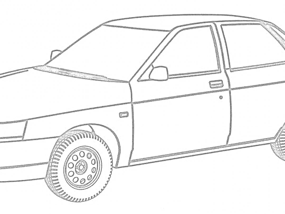 Раскраска Четырёхдверный автомобиль ВАЗ 2110 с зеркалами и колесами