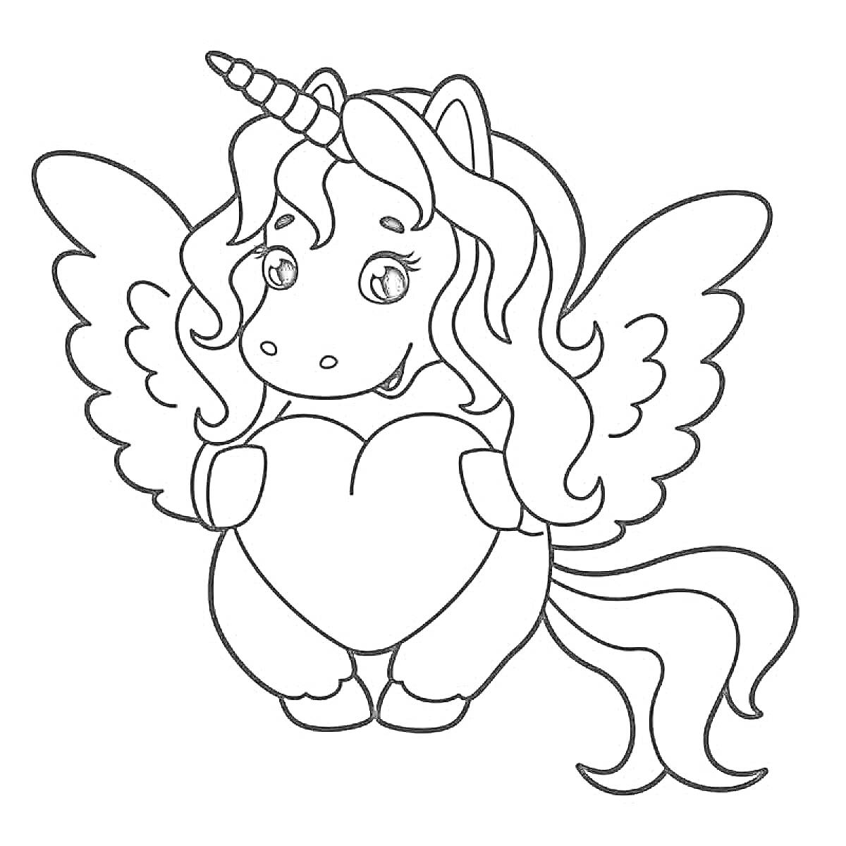 Раскраска Единорог с крыльями, держащий сердце