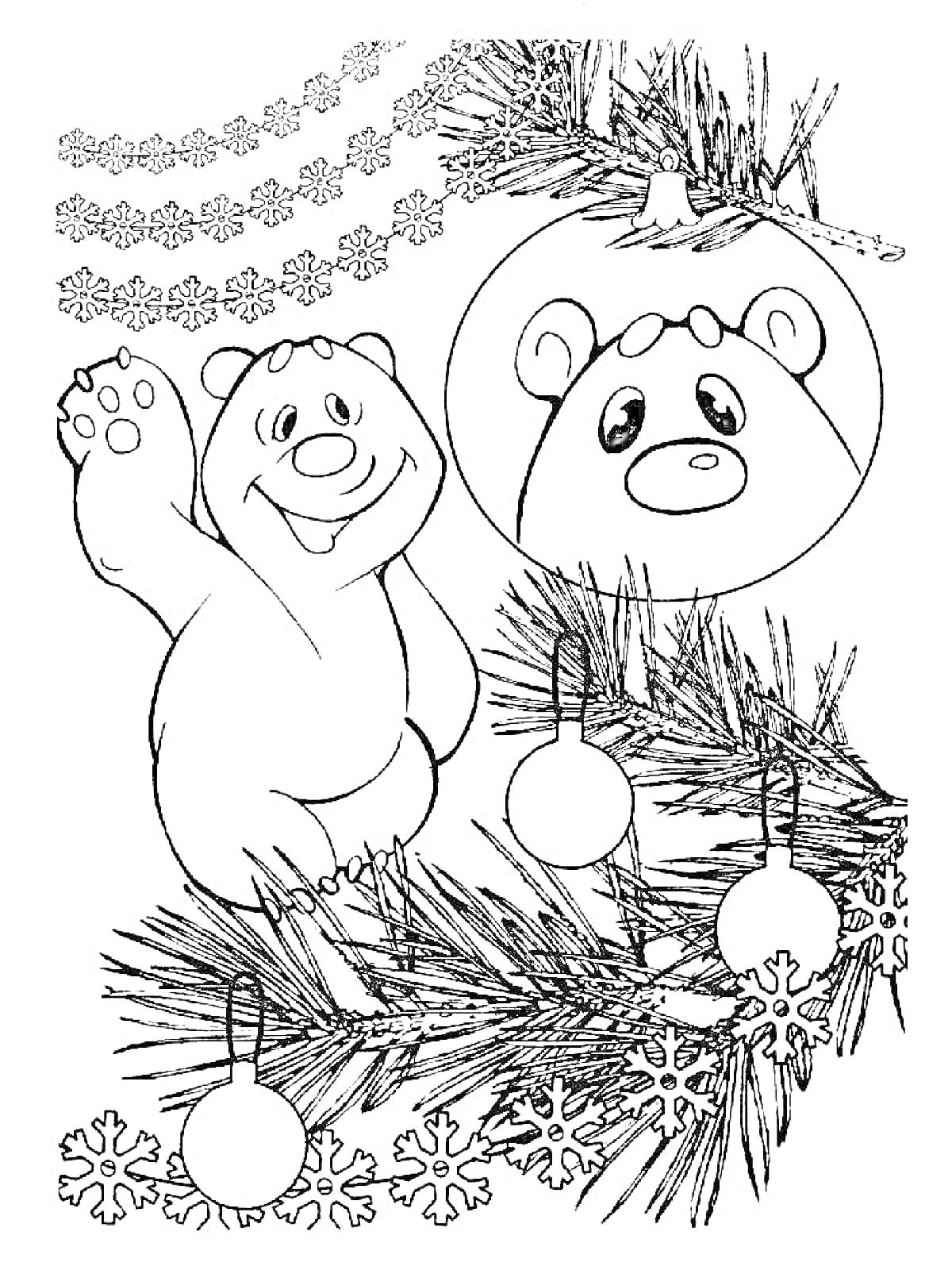 На раскраске изображено: Умка, Новогодние украшения, Елочные игрушки, Снежинки, Елки, Медведь