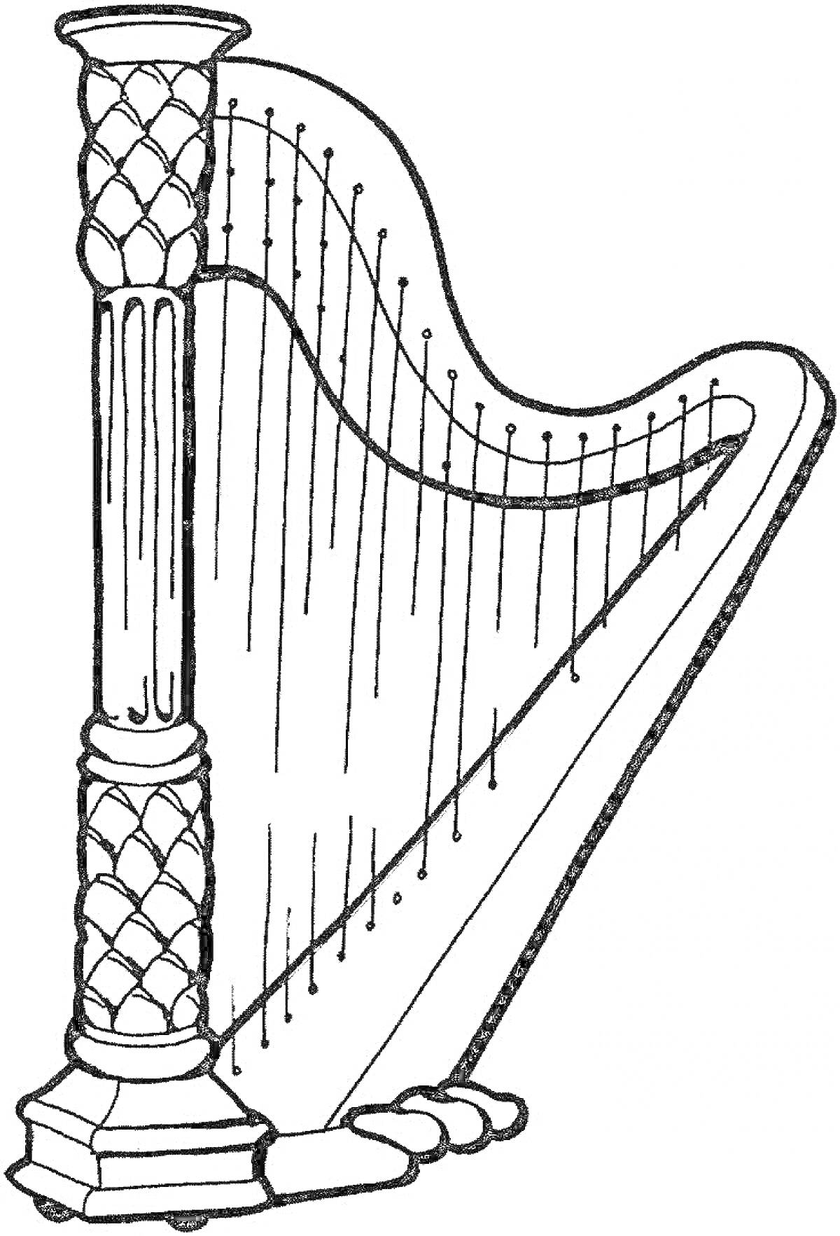 Раскраска Арфа с детализированными элементами и струнами