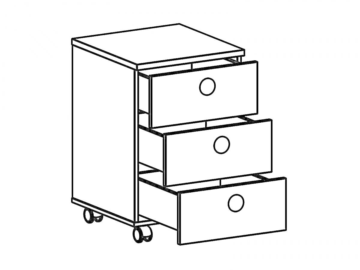 Раскраска Тумбочка с тремя выдвижными ящиками на колёсиках
