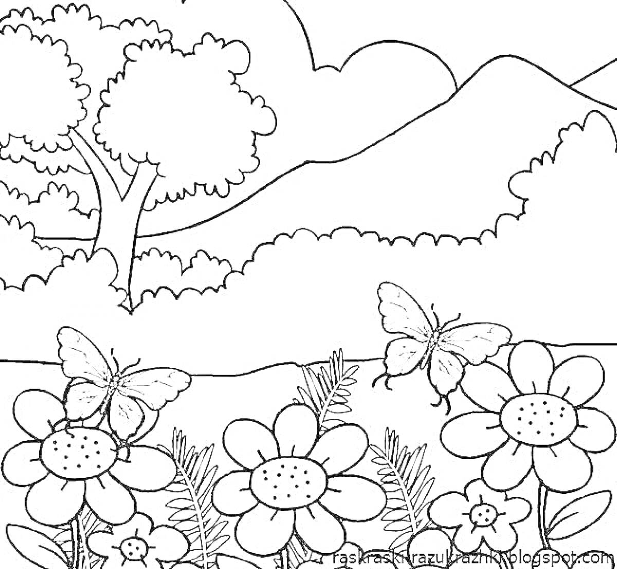 Раскраска Дерево, горы, бабочки и цветы на поле