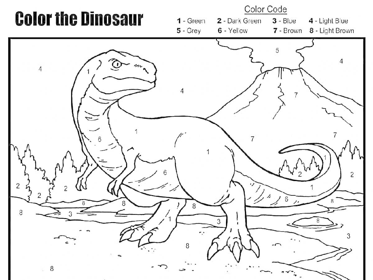 Раскраска Раскраска по номерам: динозавр с вулканом, деревьями и кустами на заднем плане