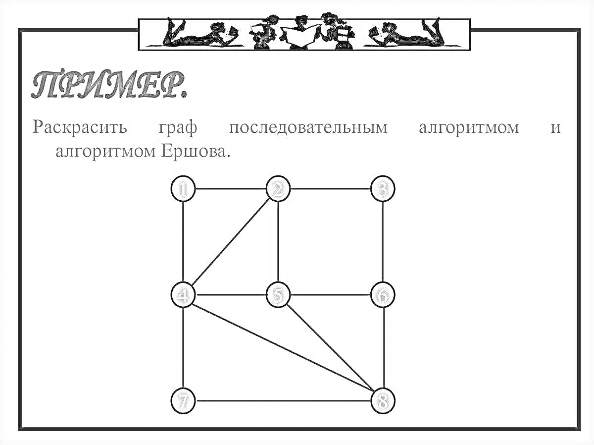 На раскраске изображено: Граф, Алгоритм, Вершины, Рёбра