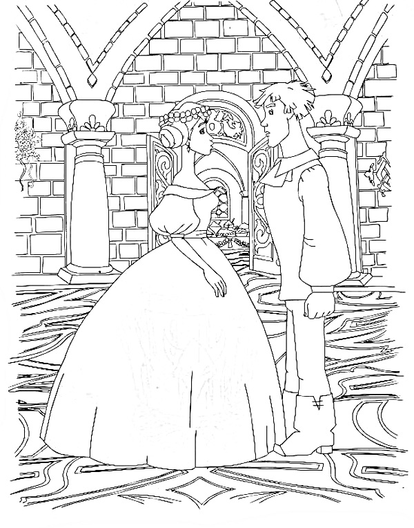 Раскраска Иван Царевич и девушка в замке, на фоне двери и колонн