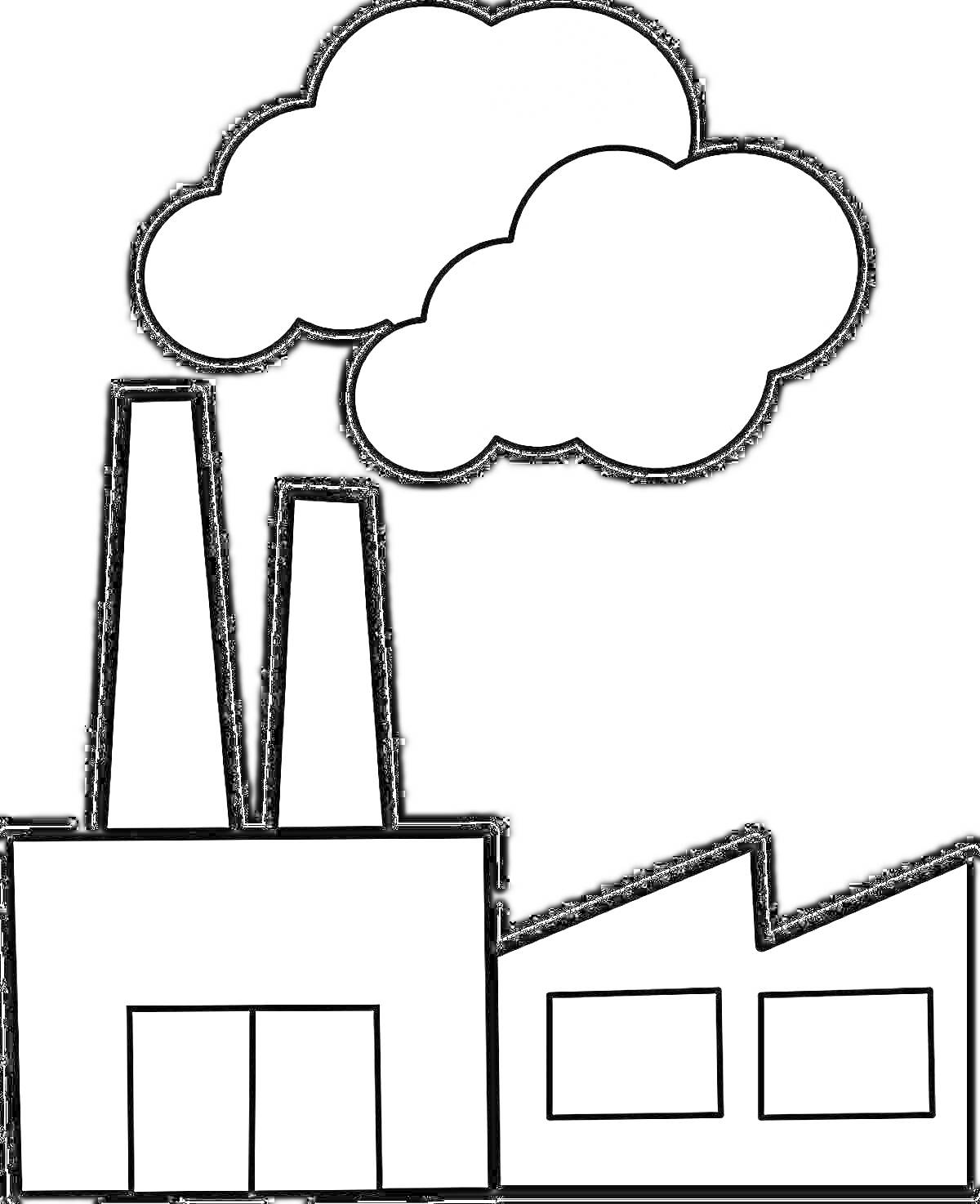 На раскраске изображено: Завод, Дым, Окна, Промышленность, Фабрика, Облака