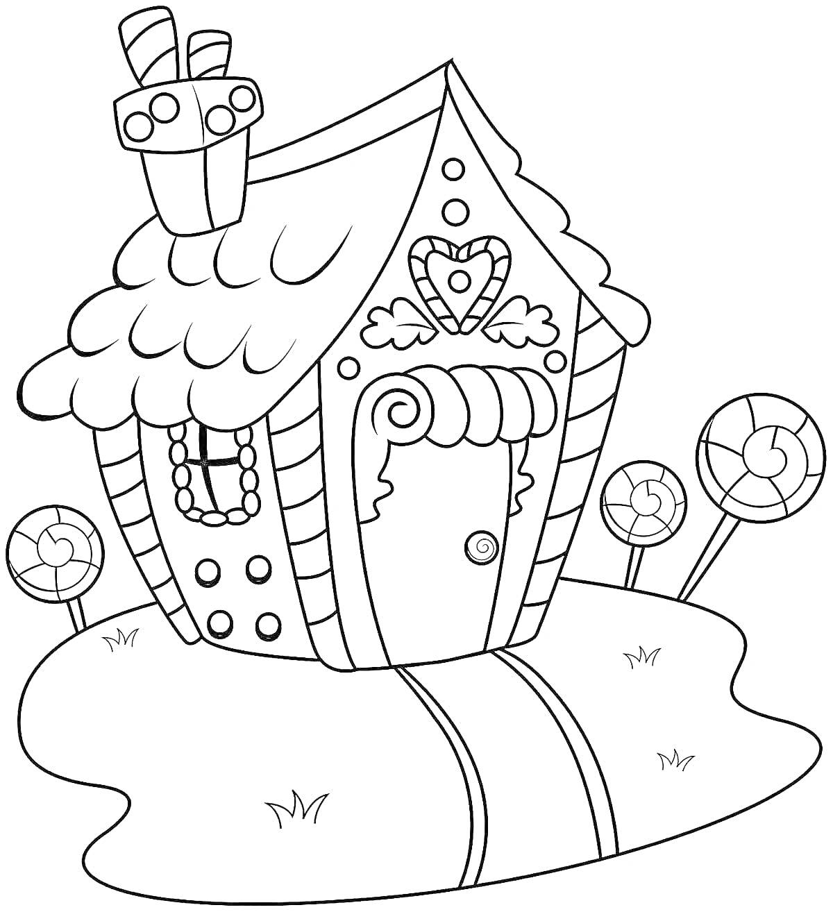 Раскраска Пряничный домик с конфетами и леденцами на лужайке