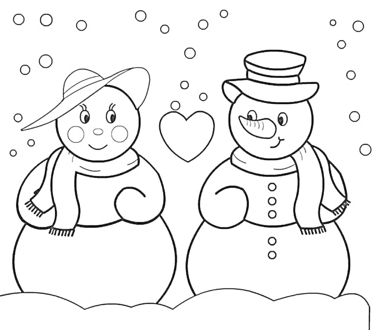 Раскраска Два снеговика с шапками и шарфами, сердце между ними, снежинки на фоне