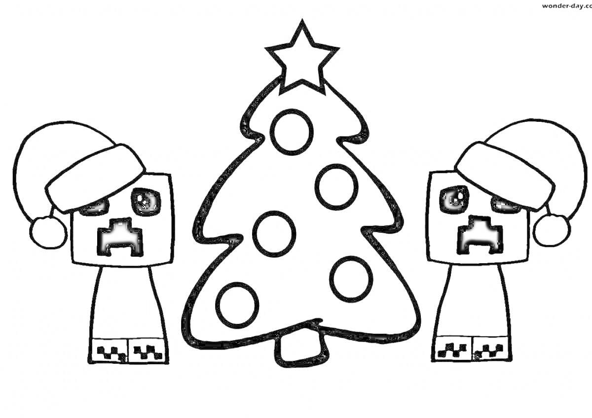 На раскраске изображено: Майнкрафт, Крипер, Рождественская шапка, Новогодняя елка, Праздники
