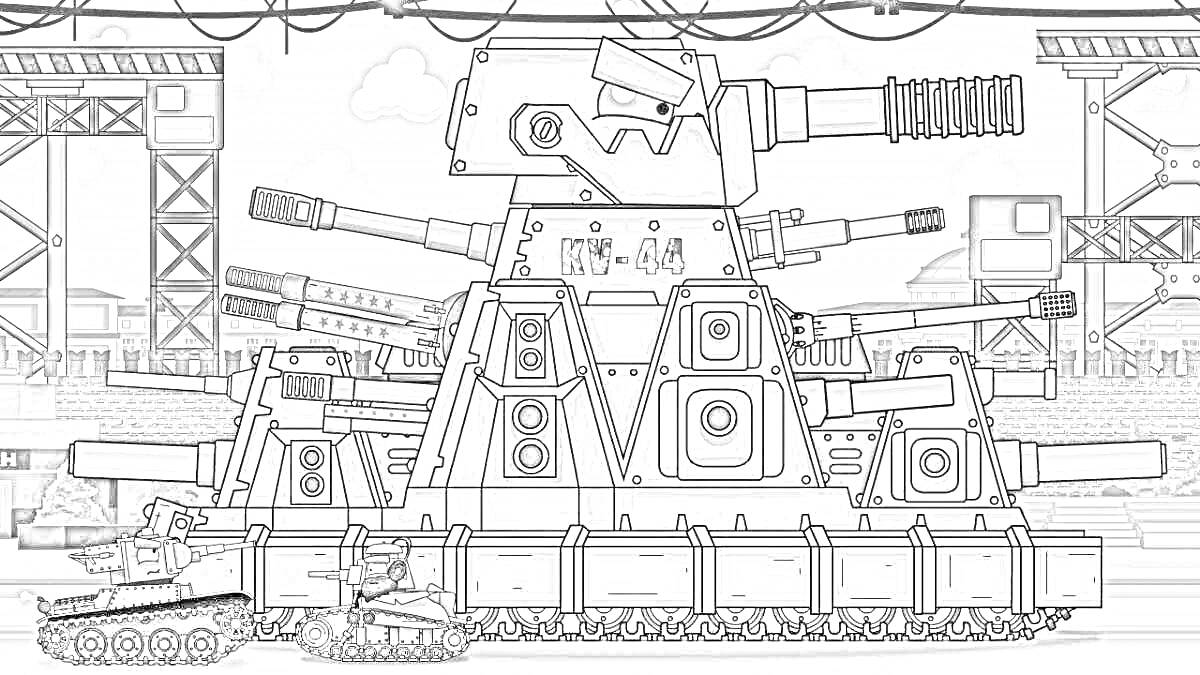 Раскраска Внушительный военный танк КВ-44 на заводе с двумя маленькими танками