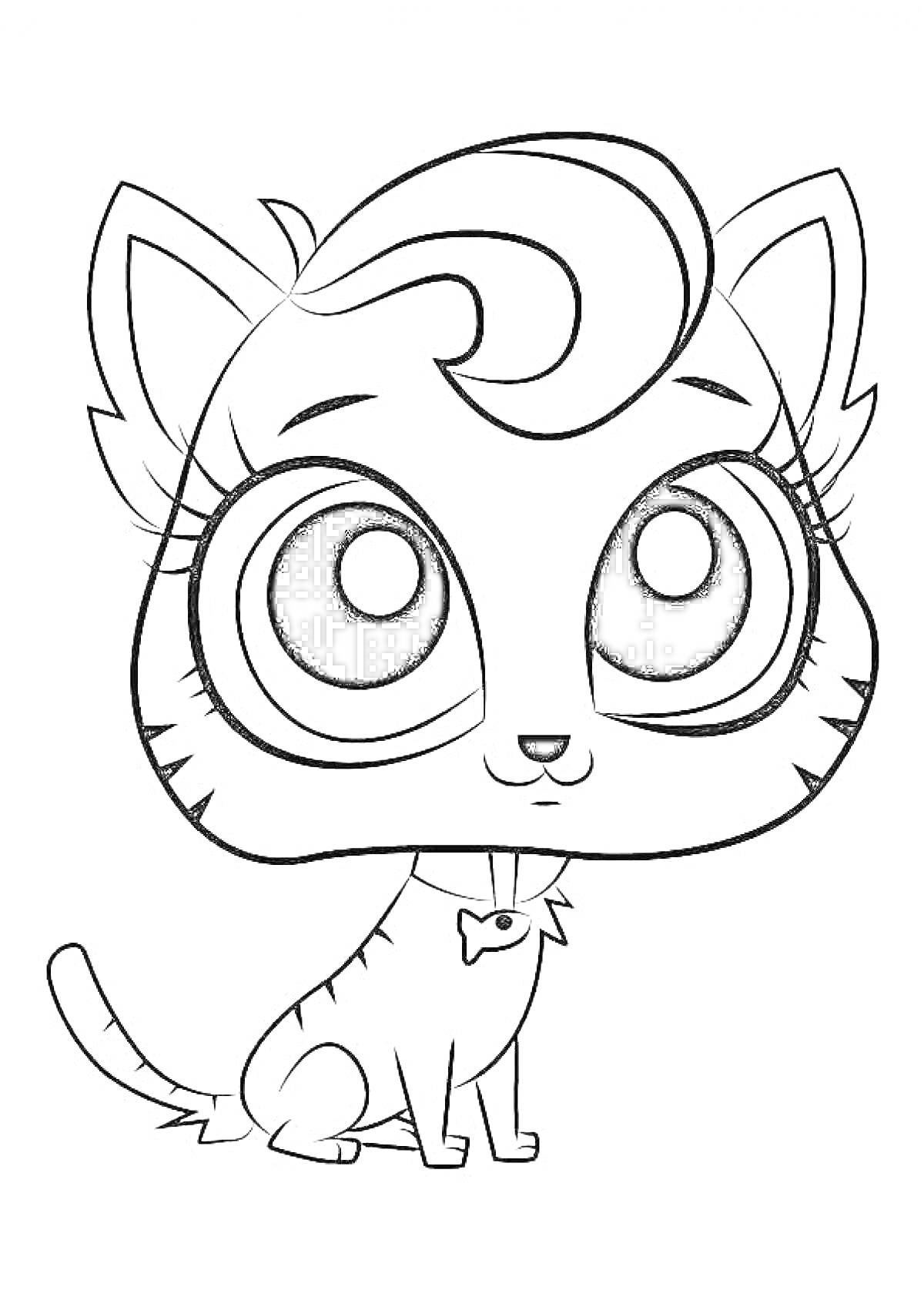 Раскраска Кошка с большими глазами и бантиком на шее из Литл Пет Шоп