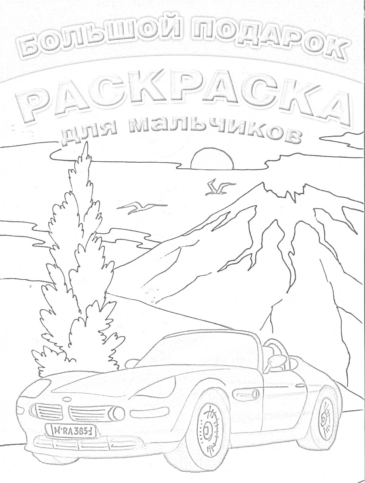 Раскраска Большой подарок - Раскраска для мальчиков (машина на фоне природы)