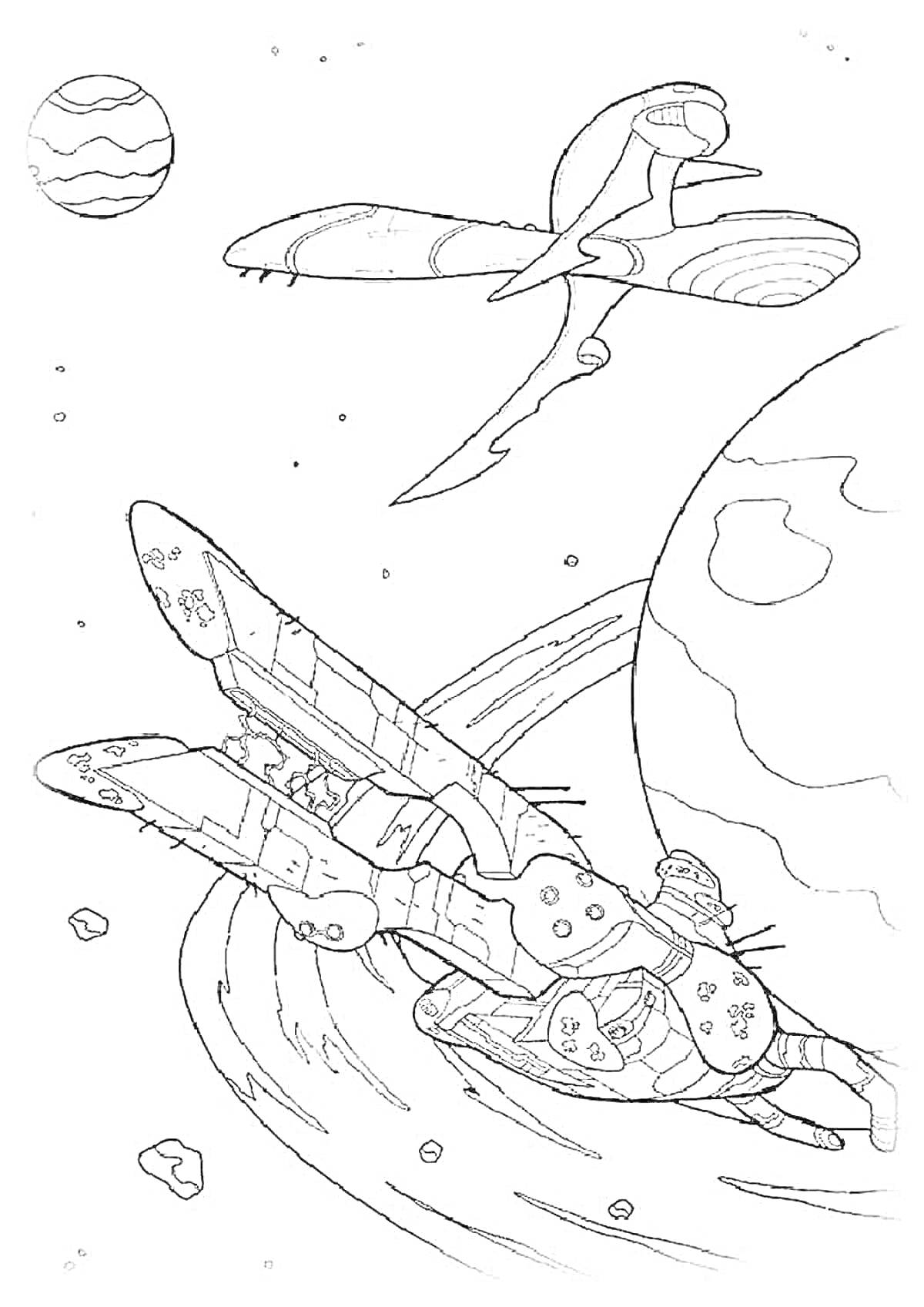 На раскраске изображено: Космический корабль, Амонг Ас, Планеты, Астероиды, Космос, Творчество