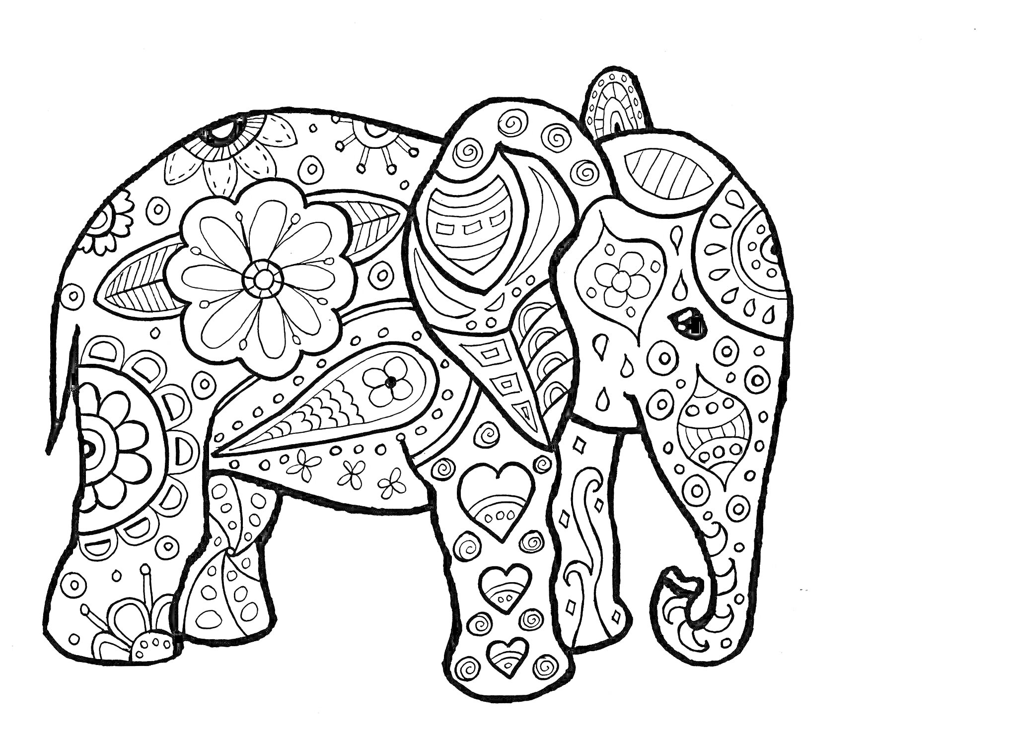 Раскраска Раскраска антистресс со слоном, украшенным цветами, сердечками и узорами