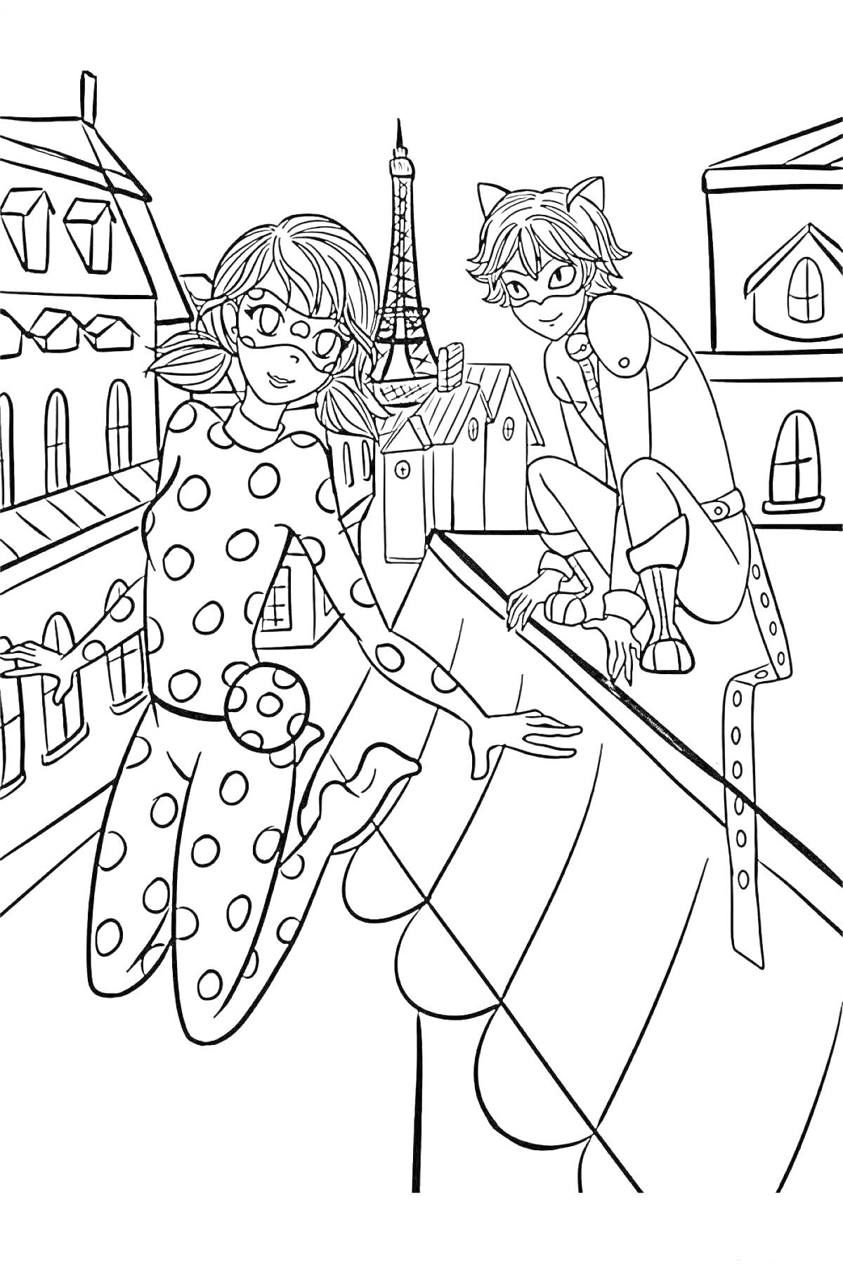 Раскраска Леди Баг и Супер Кот на крыше в Париже с Эйфелевой башней